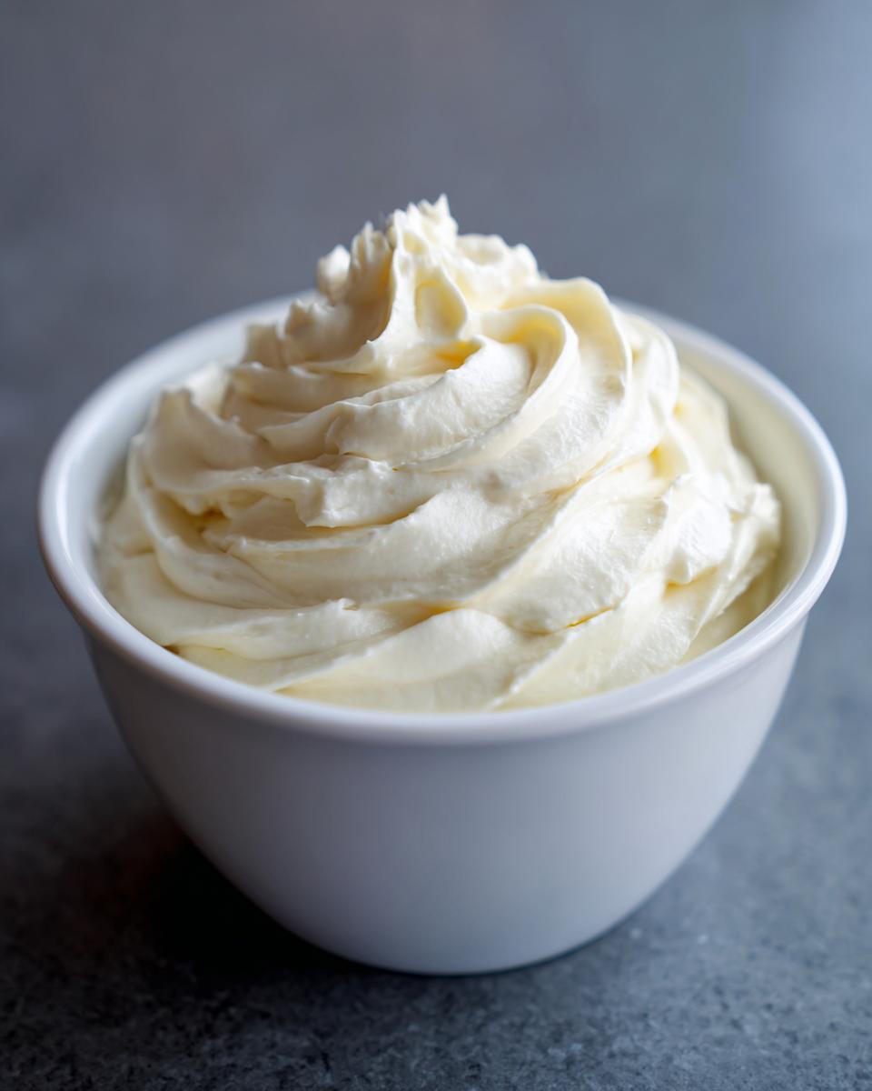 A close-up of perfectly piped swirls of creamy vanilla buttercream frosting in a small white bowl.