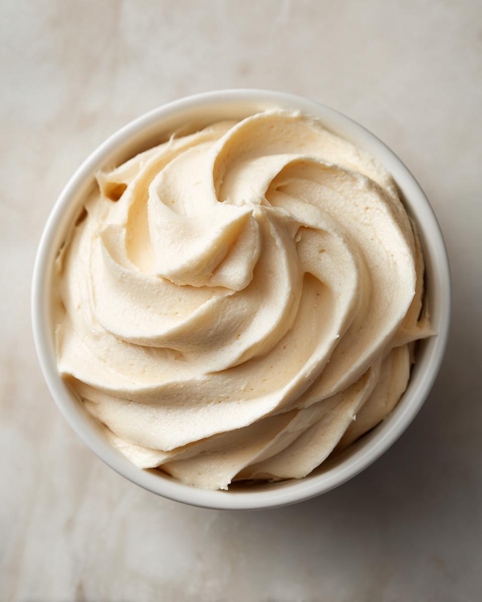 Overhead view of perfectly piped vanilla buttercream frosting with distinct swirls in a small white bowl.