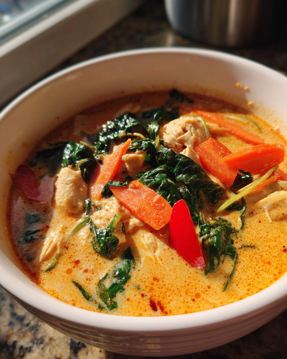 Close-up of a white bowl filled with rich, orange coconut curry soup featuring chicken, dark green spinach, and bright orange carrots.