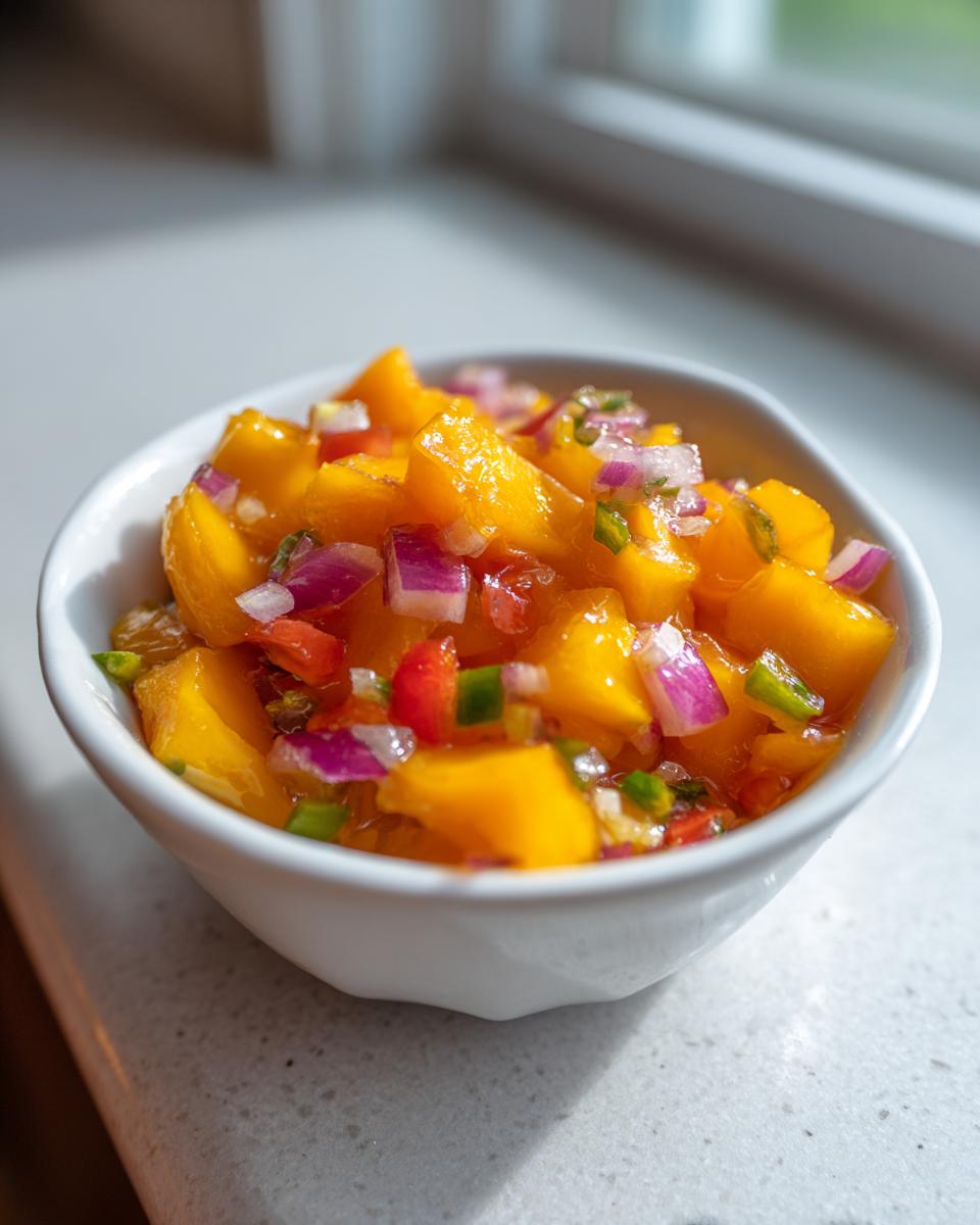 Close-up of vibrant, chunky peach salsa featuring diced peaches, red onion, and green peppers in a small white bowl.