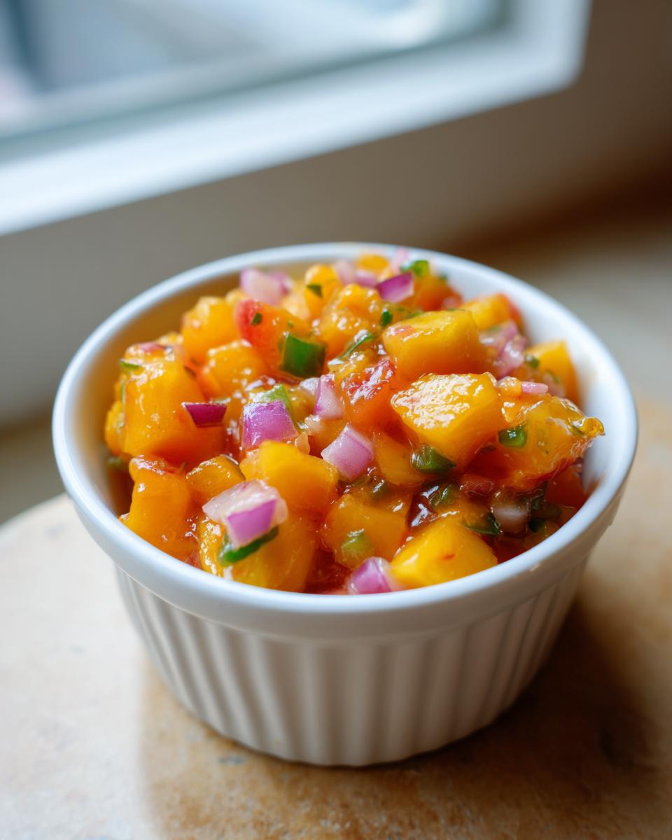 Close-up of fresh peach salsa featuring diced peaches, red onion, and green peppers in a small white bowl.