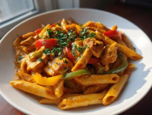 A close-up of a white bowl filled with vibrant Rasta Pasta coated in a creamy orange sauce, mixed with bell peppers and garnished with parsley.