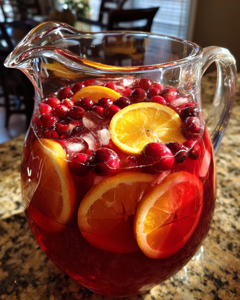 A clear glass pitcher filled with bright red thanksgiving punch, garnished with fresh cranberries, orange slices, and ice cubes.