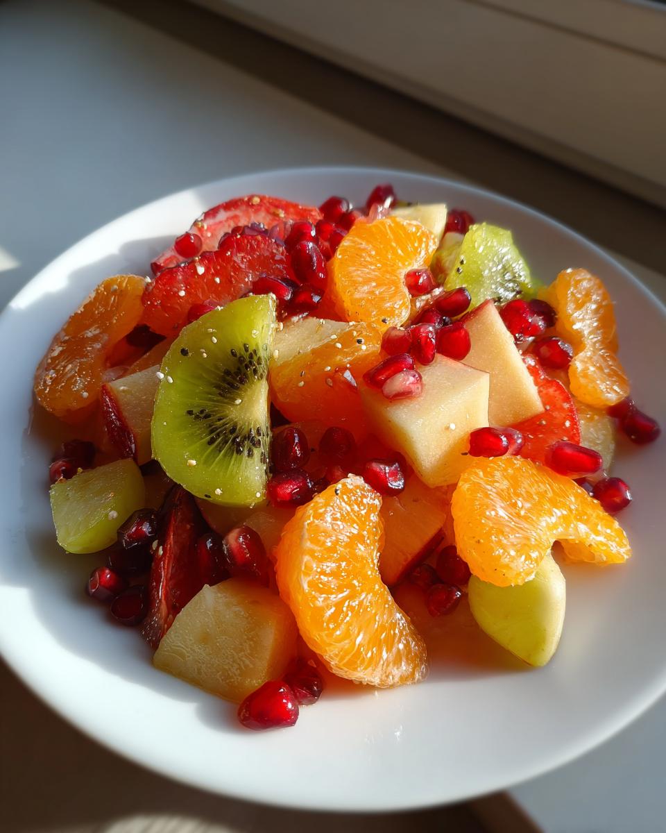 Close-up of a vibrant winter fruit salad featuring kiwi, orange segments, apple, and pomegranate seeds on a white plate.