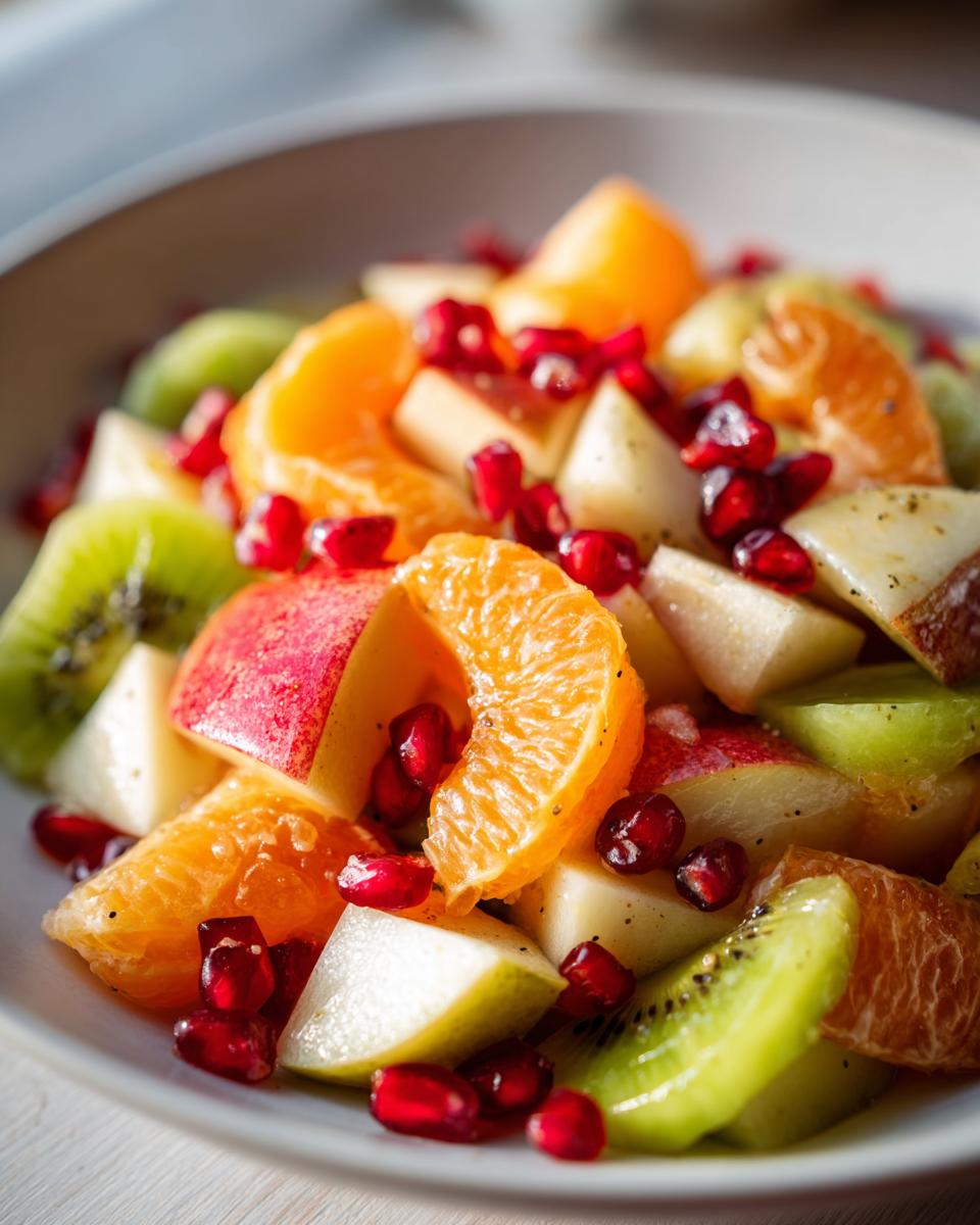 Close-up of a bright winter fruit salad featuring mandarin segments, apple chunks, kiwi slices, and ruby pomegranate seeds.