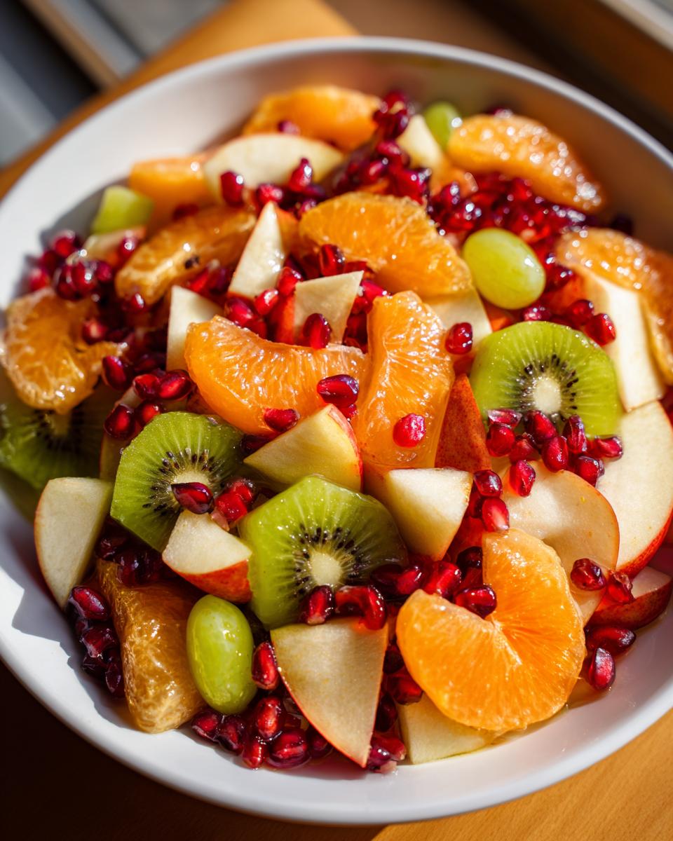 Close-up of a colorful winter fruit salad featuring kiwi slices, orange segments, apple chunks, and pomegranate seeds.
