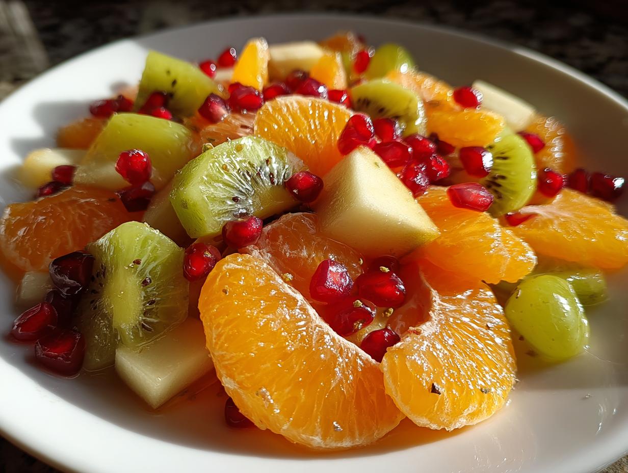 Close-up of a bright winter fruit salad featuring orange segments, kiwi slices, pomegranate seeds, and grapes.