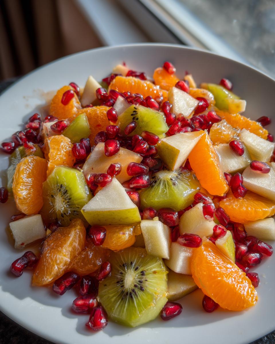 Close-up of a vibrant winter fruit salad featuring orange segments, kiwi slices, pear chunks, and bright red pomegranate seeds.