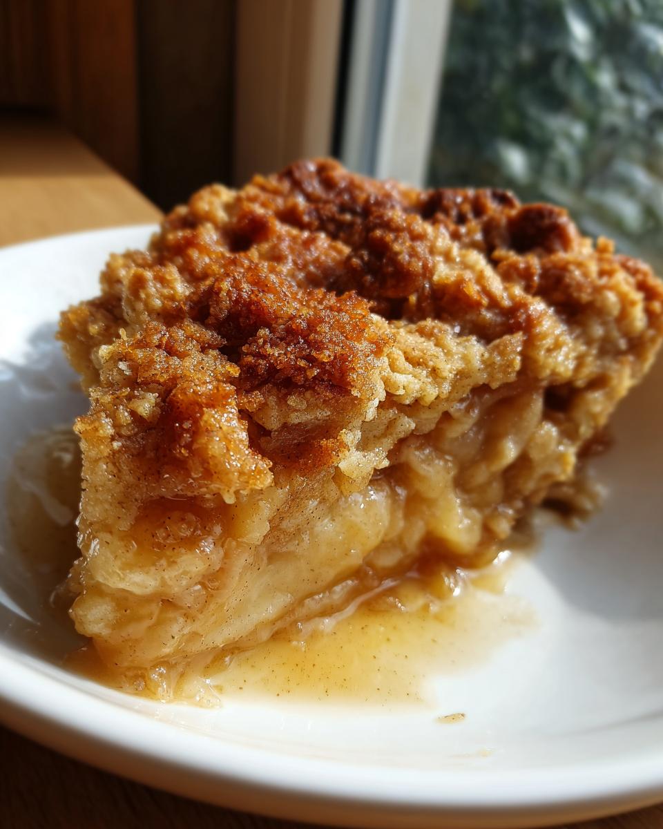 A close-up, mouth-watering slice of warm apple crumble with a golden, crunchy topping and soft filling pooling in sweet sauce.