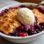 Close-up of a warm mixed berry cobbler topped with a melting scoop of vanilla ice cream in a white ramekin.