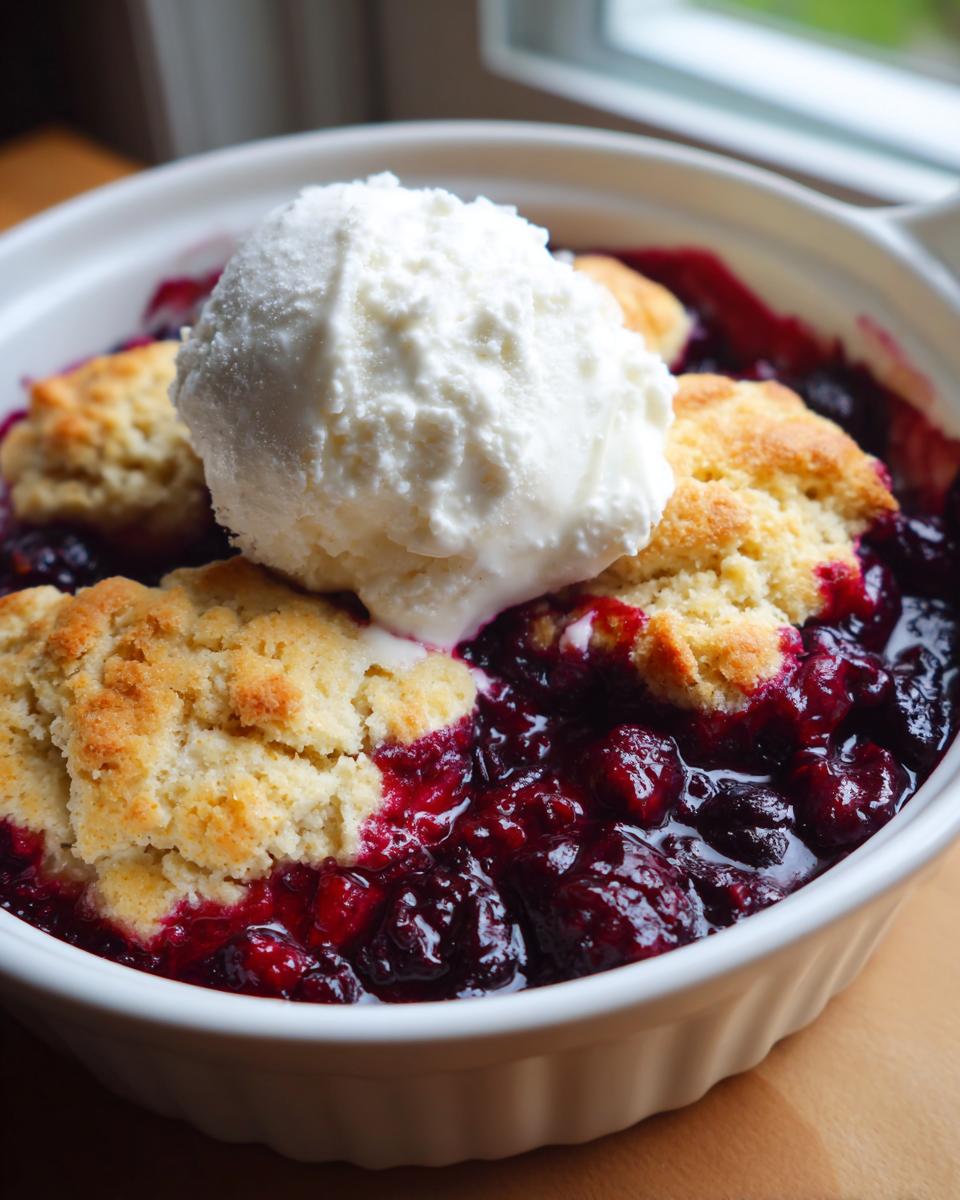 Close-up of a warm mixed berry cobbler topped with a scoop of melting vanilla ice cream in a white ramekin.