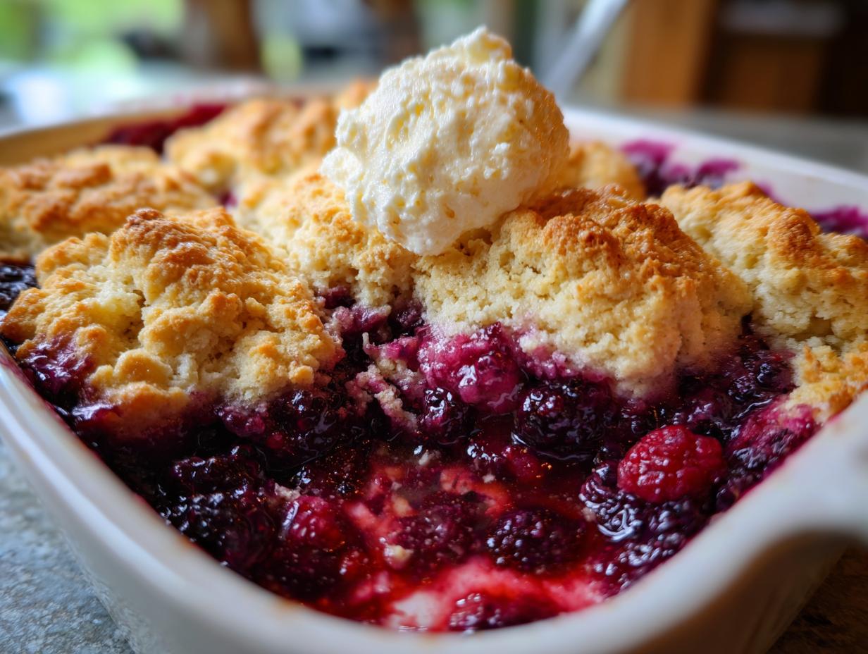 Close-up of a warm mixed berry cobbler with golden topping and a scoop of vanilla ice cream melting on top.