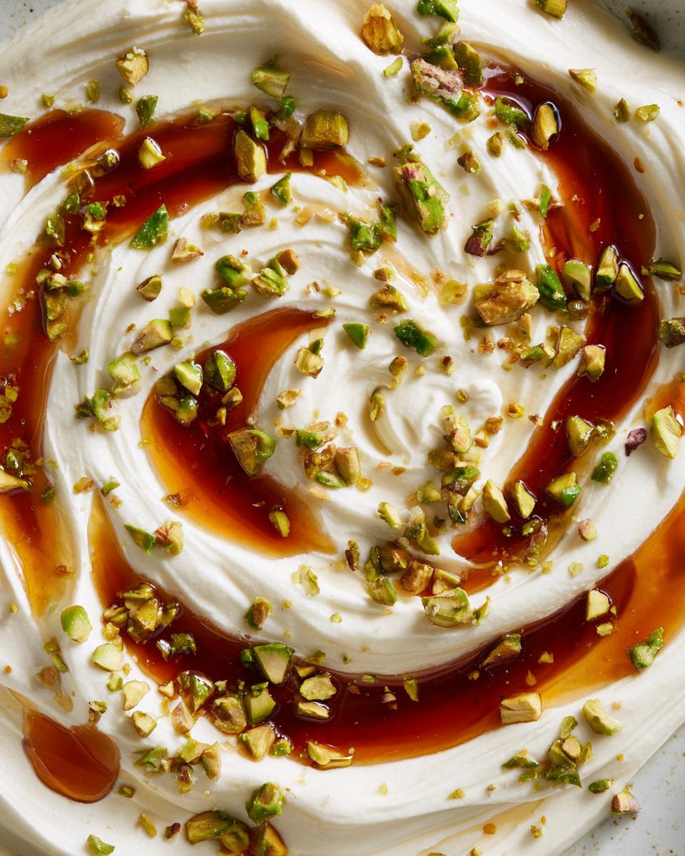 A close-up, overhead shot of creamy, swirled ricotta dip topped with chopped green pistachios and drizzled with amber honey.
