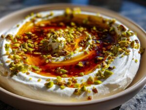 A close-up, featured image of creamy whipped ricotta dip topped with bright green chopped pistachios and a swirl of amber honey.