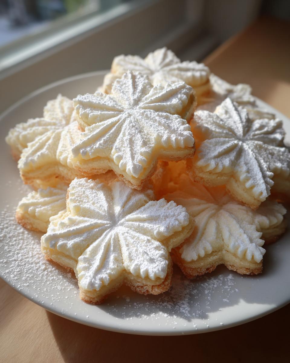 A pile of delicate, star-shaped whipped shortbread cookies dusted with powdered sugar on a white plate.