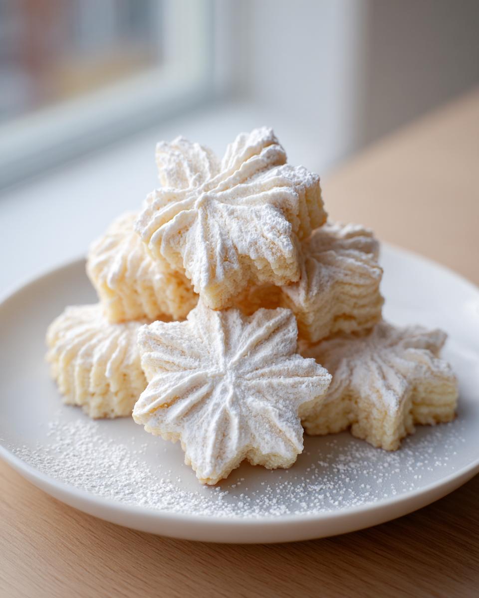 A stack of star-shaped whipped shortbread cookies dusted heavily with powdered sugar on a white plate.