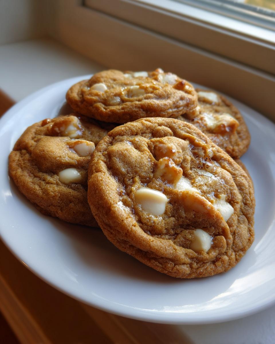 A stack of four gooey white chocolate macadamia nut cookies on a white plate near a window.