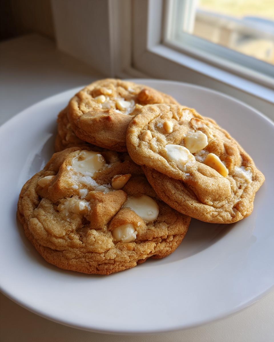 A stack of three golden-brown white chocolate macadamia nut cookies resting on a white plate near a window.