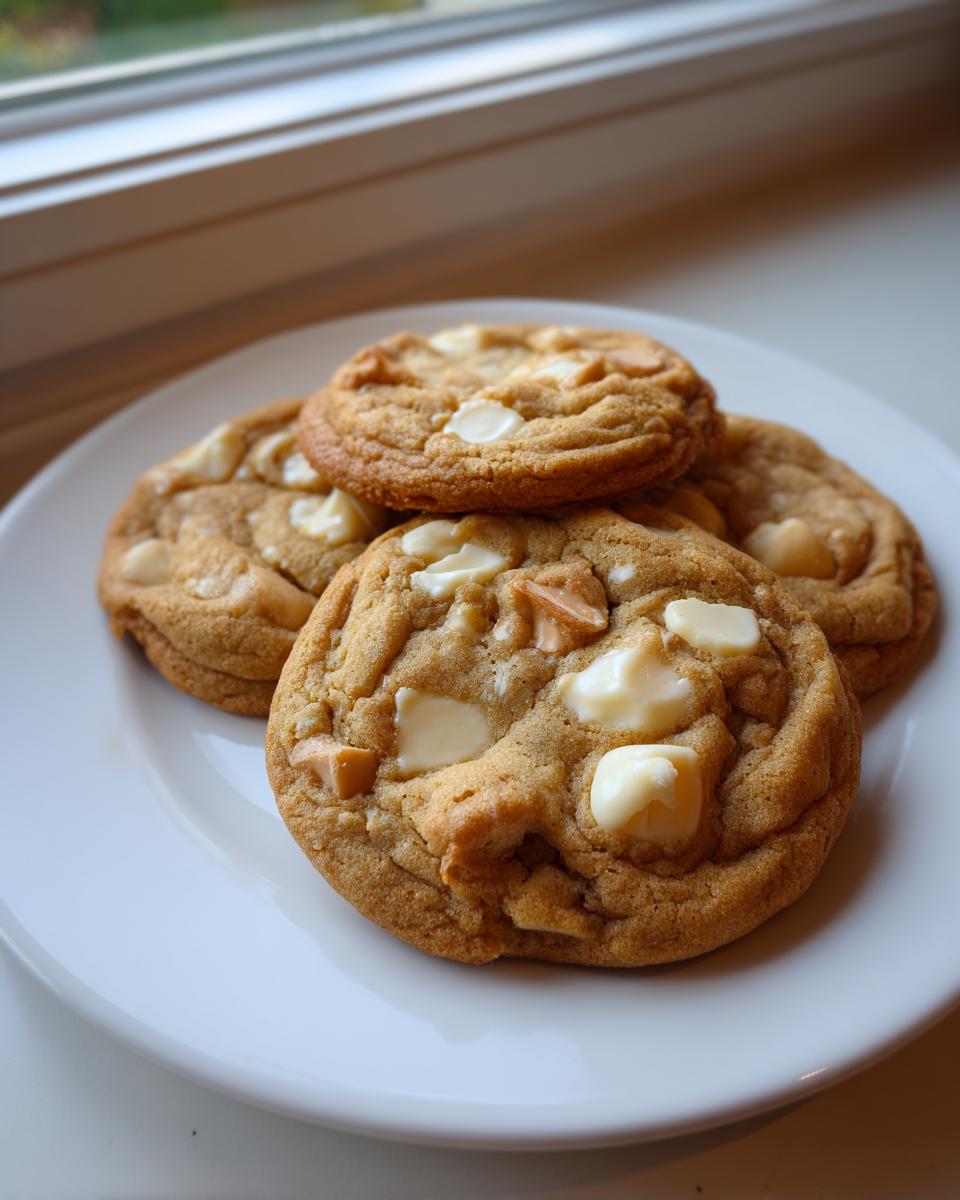 A stack of four chewy white chocolate macadamia nut cookies resting on a white plate near a window.