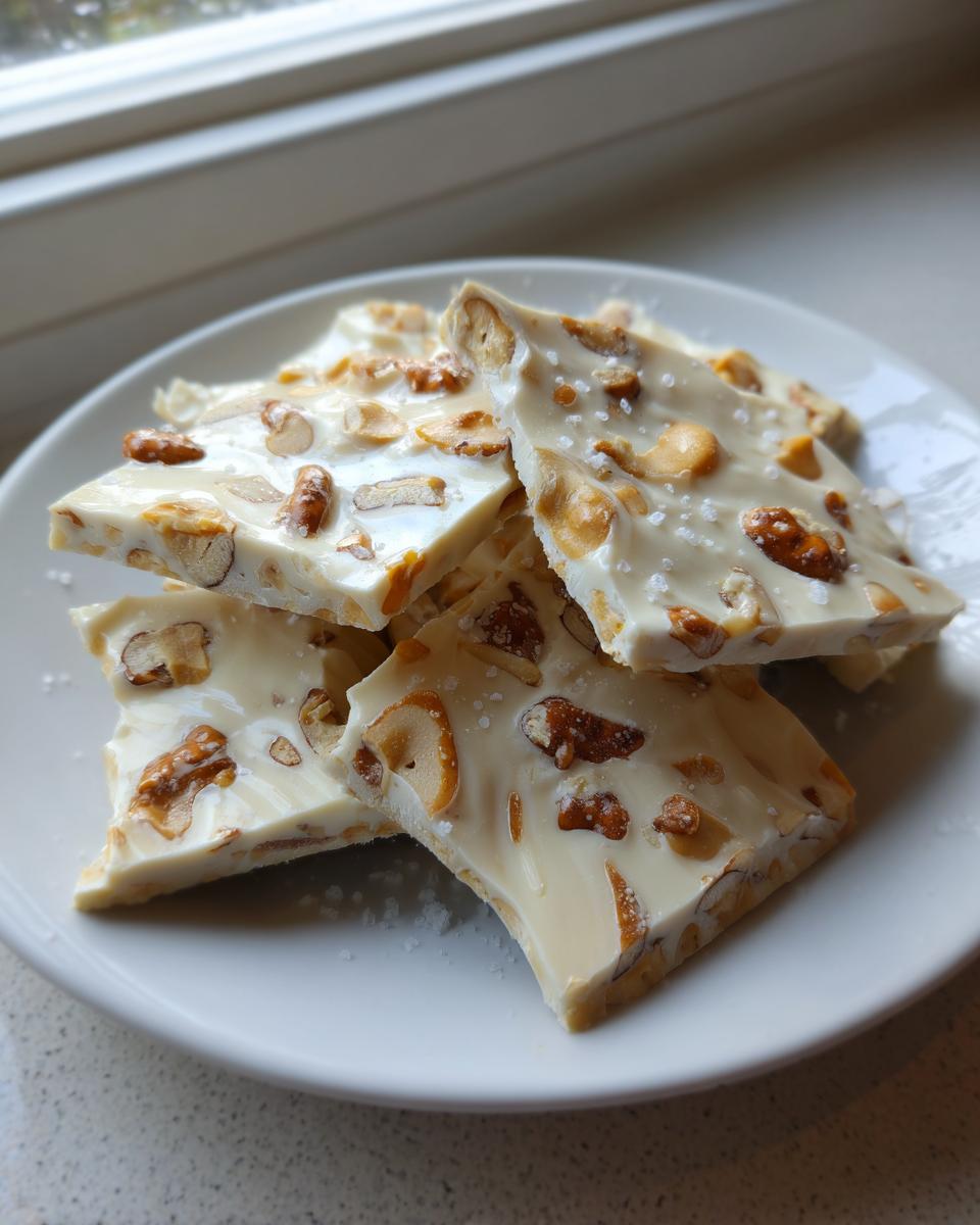 Close-up of broken pieces of white chocolate peanut butter pretzel bark topped with nuts and sea salt.