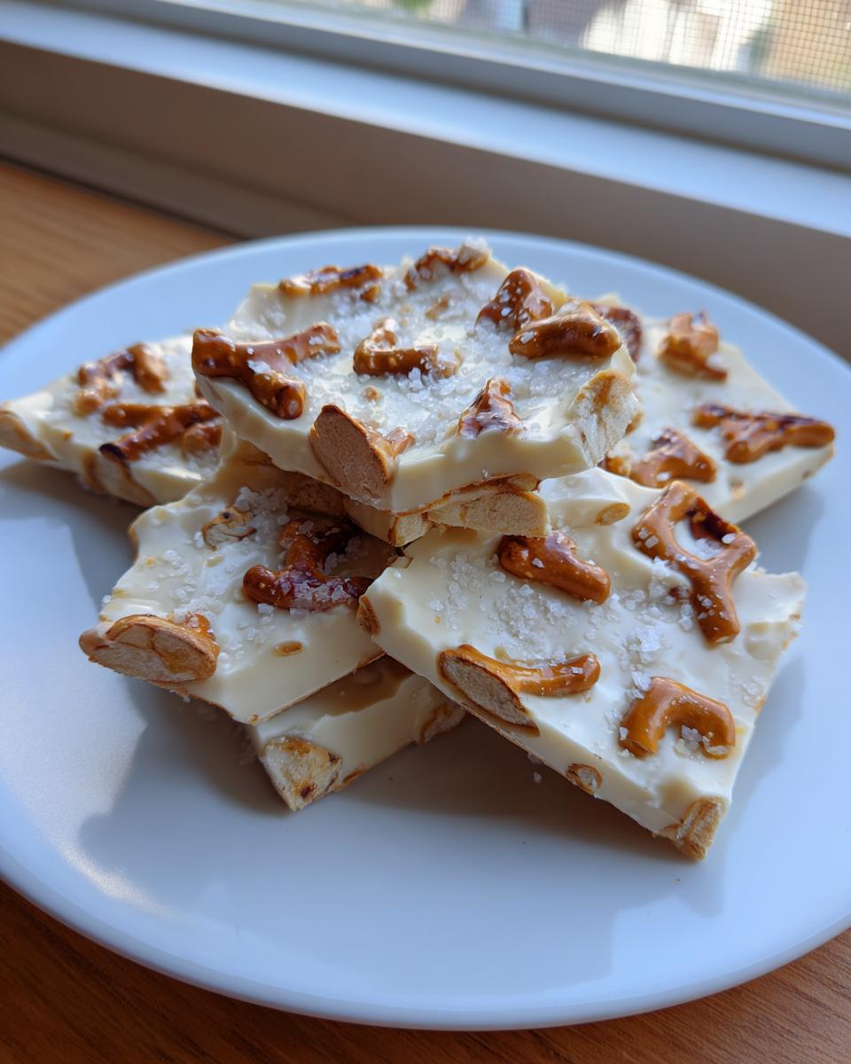 Stack of white chocolate peanut butter pretzel bark pieces topped with sea salt, set on a white plate.