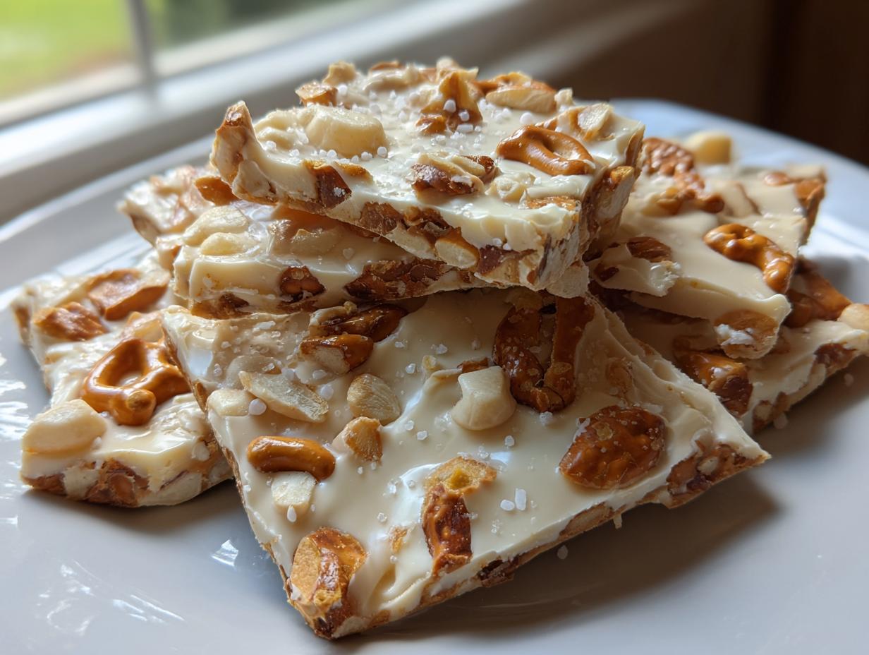 A stack of broken pieces of white chocolate peanut butter pretzel bark sprinkled with sea salt.