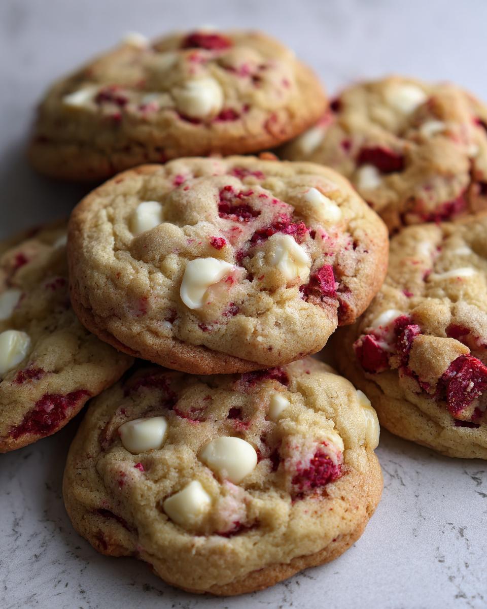 A stack of freshly baked white chocolate raspberry cookies featuring visible chunks of white chocolate and bright red raspberry pieces.