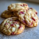 A close-up stack of freshly baked white chocolate raspberry cookies showing melted white chocolate chips and bits of red raspberry.