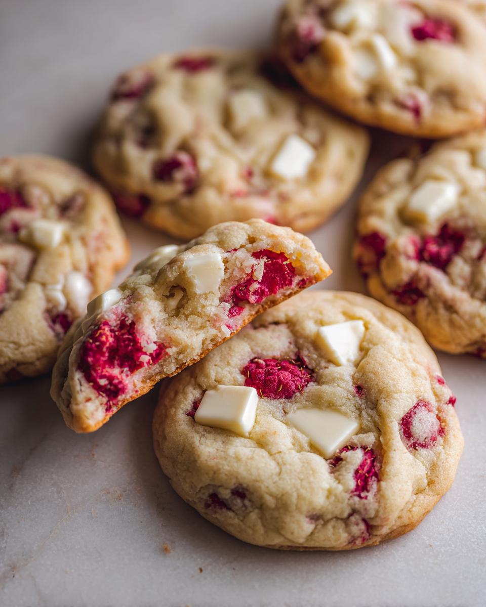 A stack of freshly baked white chocolate raspberry cookies, one broken in half showing the soft interior and bright red raspberries.