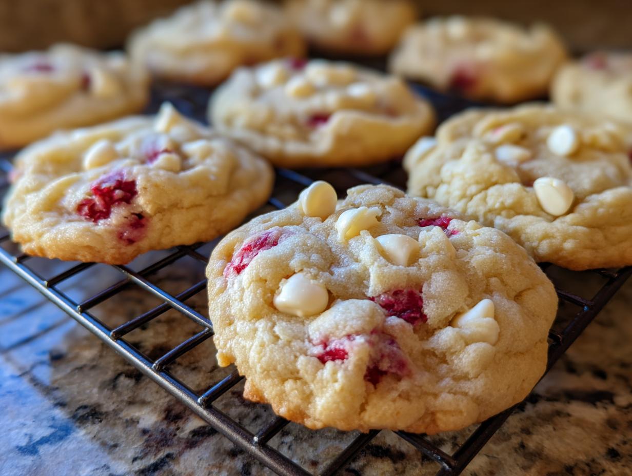 Close-up of freshly baked white chocolate raspberry cookies cooling on a wire rack, showing melted white chips and bright red raspberry pieces.