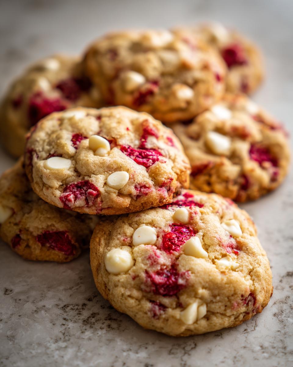 A close-up stack of soft, chewy white chocolate raspberry cookies featuring visible white chocolate chips and bright pink raspberry pieces.