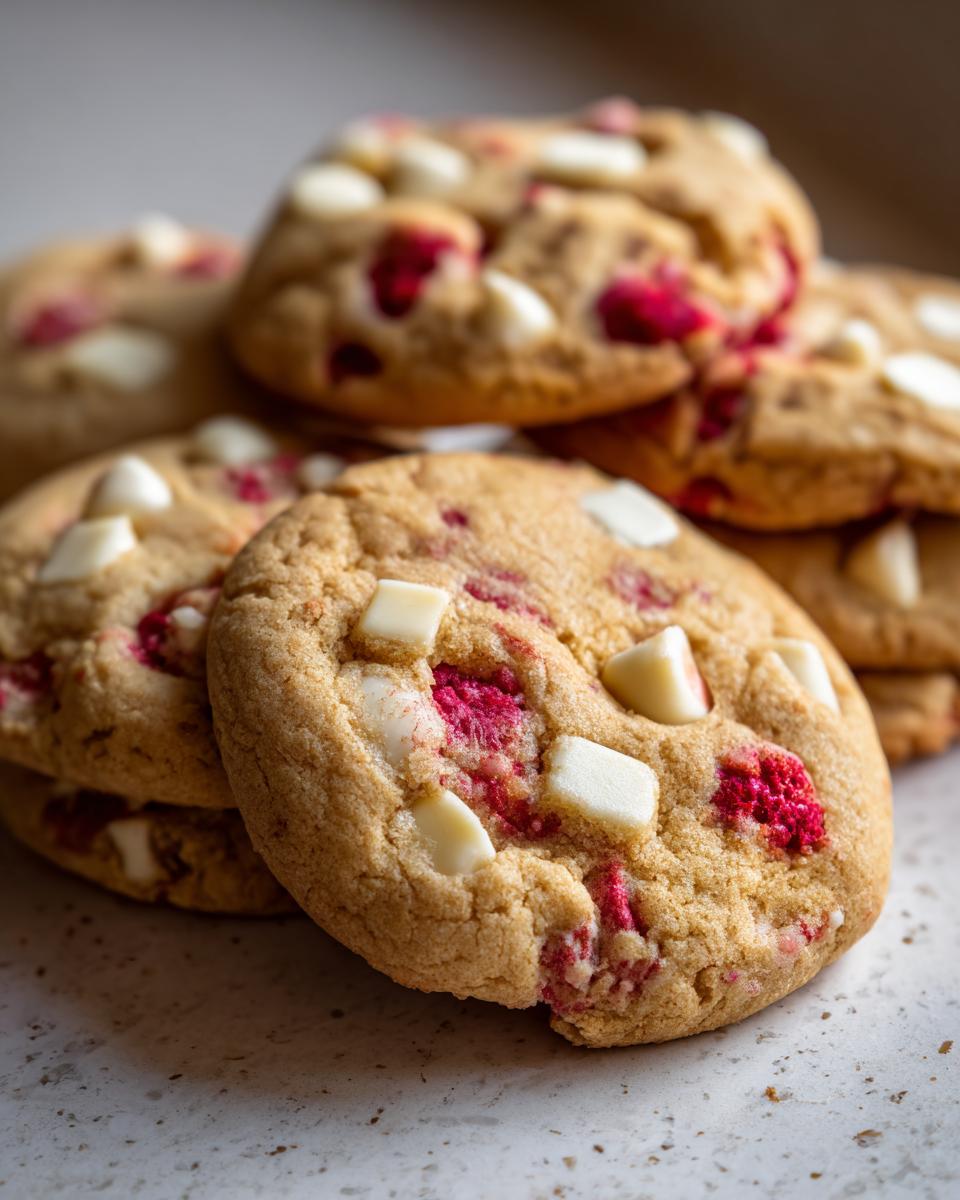 A stack of freshly baked white chocolate raspberry cookies featuring visible chunks of white chocolate and bright pink raspberry pieces.