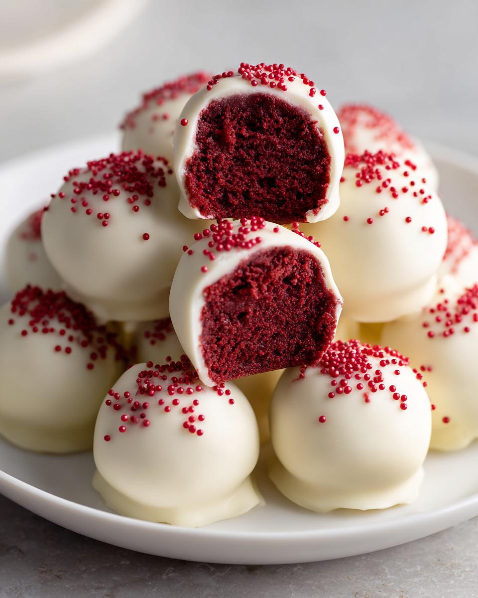 A stack of white chocolate-dipped red velvet cake pops, one cut in half showing the deep red interior and red sprinkles.
