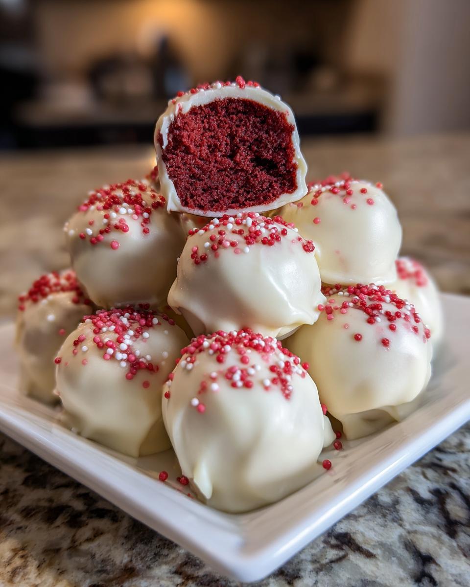 A stack of white chocolate covered red velvet cake pops, one cut open showing the vibrant red interior.
