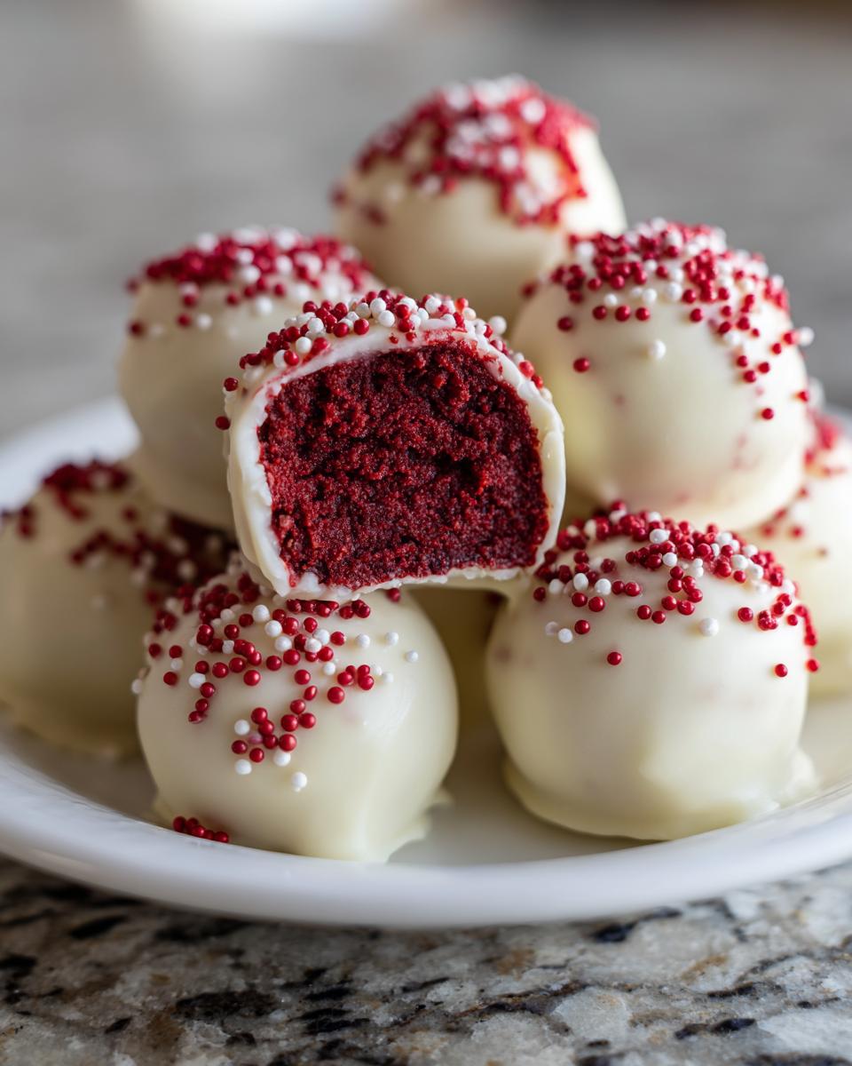 A stack of white chocolate covered red velvet cake pops, one cut open showing the bright red interior and topped with red and white sprinkles.