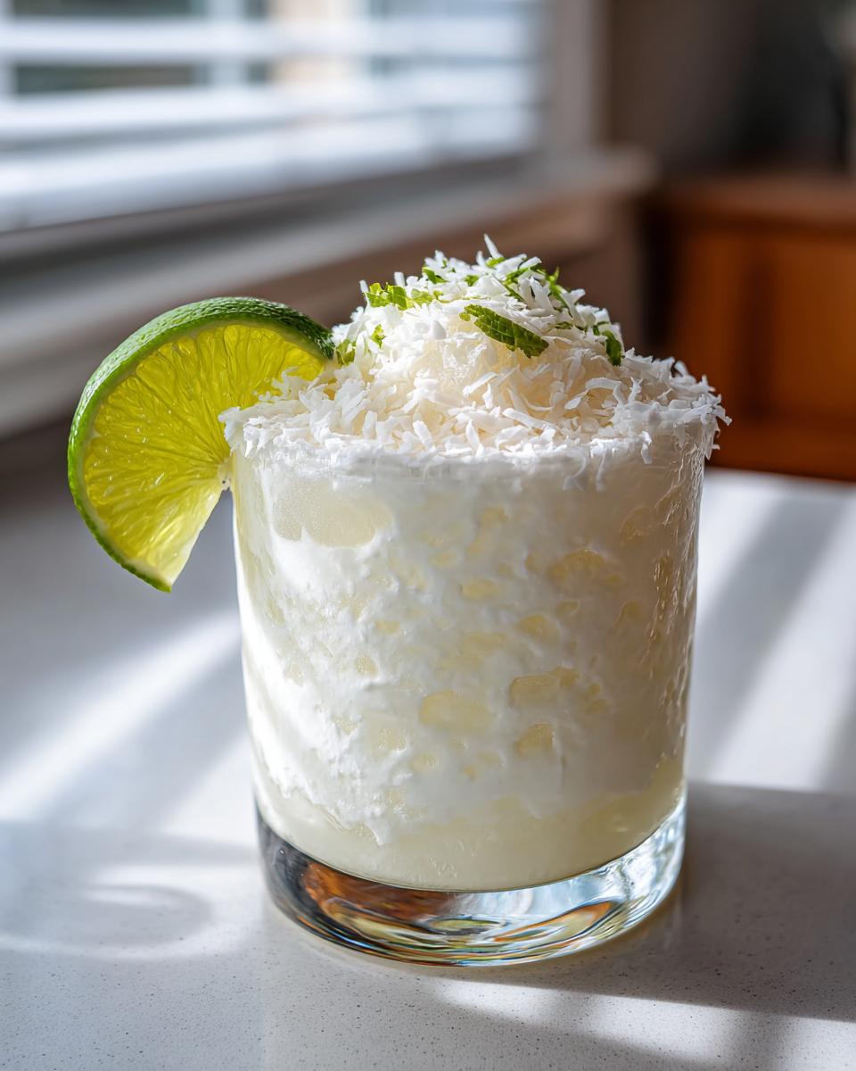 A frosty white Christmas margarita topped with shredded coconut and a lime wheel garnish.