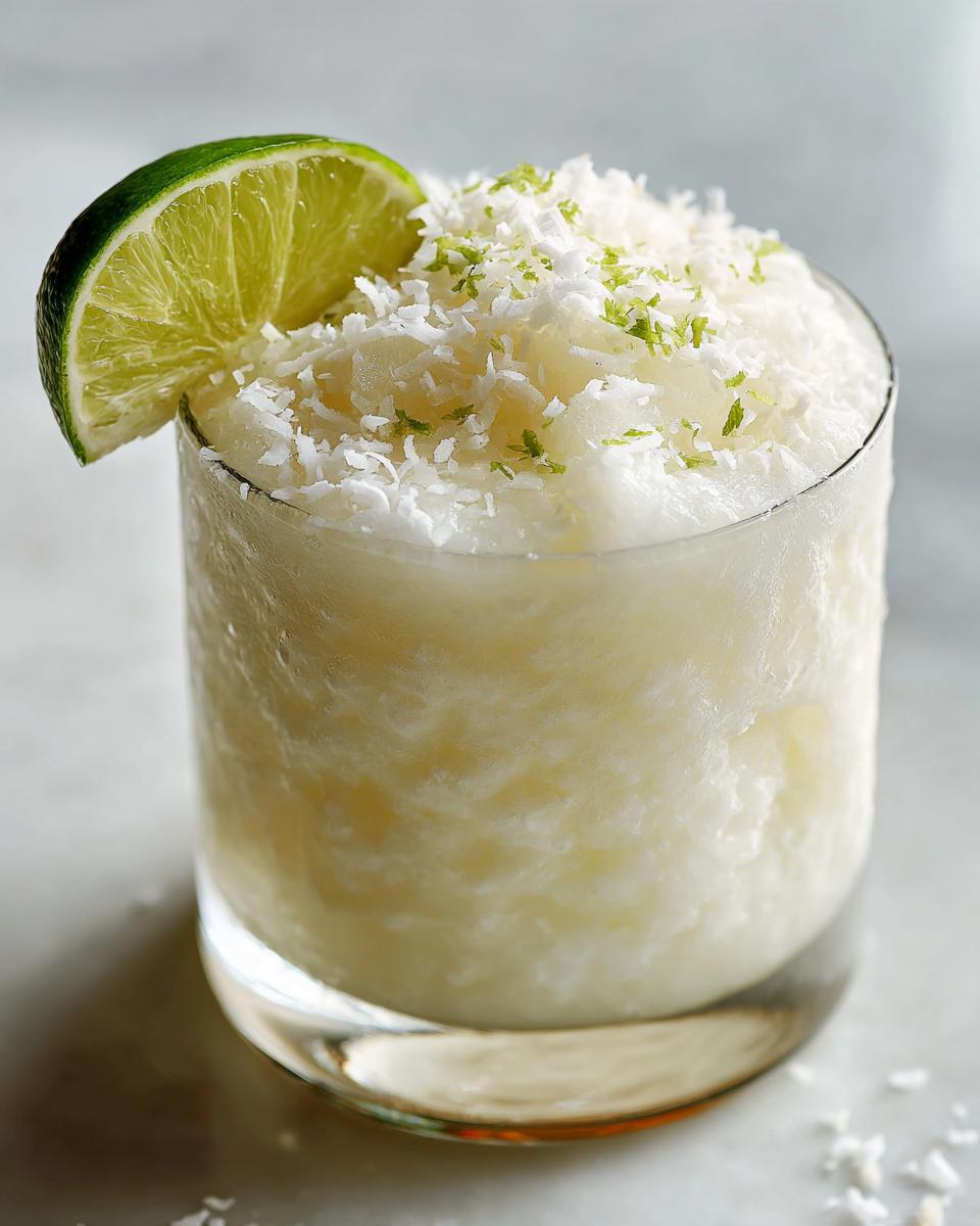 Close-up of a frozen white Christmas margarita topped with shredded coconut and a lime wedge garnish.
