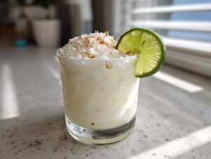 A frosty white Christmas margarita garnished with toasted coconut flakes and a lime wheel.