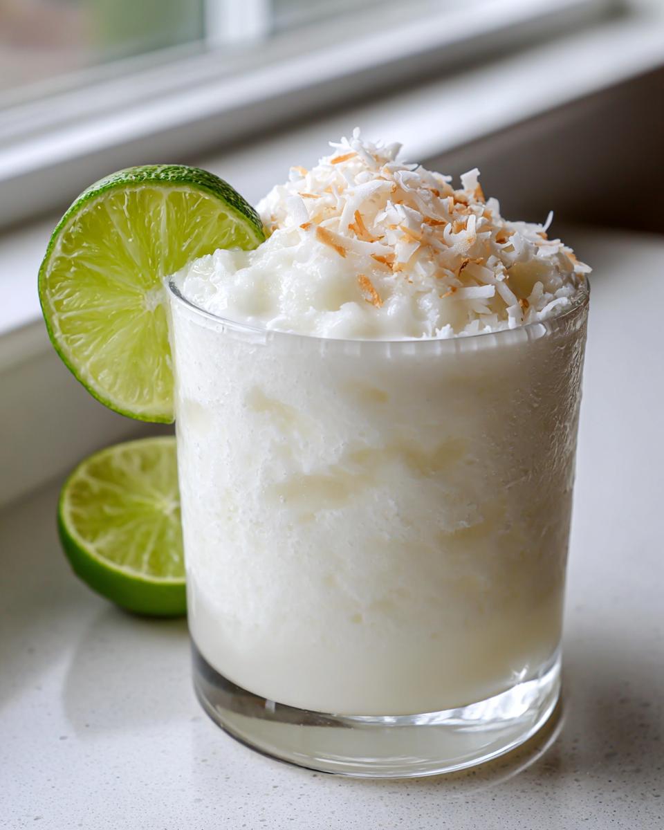 A frosty white Christmas margarita topped with toasted coconut flakes and garnished with a fresh lime wheel.