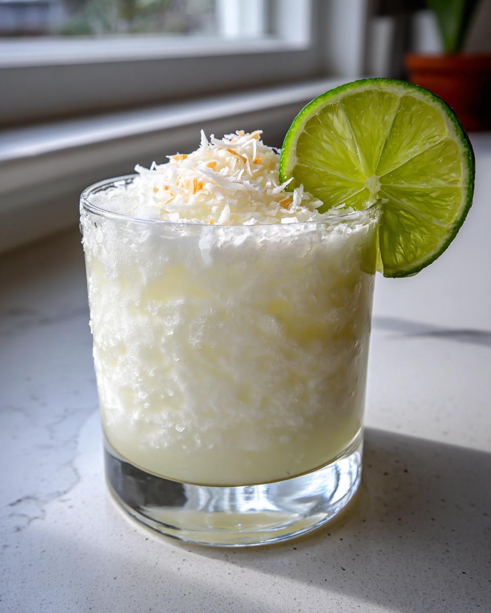 A frosty white Christmas margarita topped with toasted coconut flakes and a fresh lime wheel garnish.