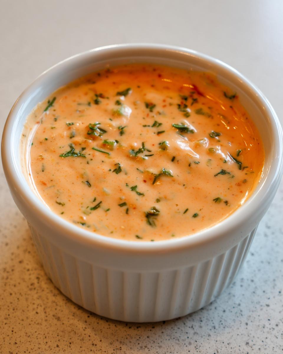 Close-up of creamy, orange-hued remoulade sauce garnished with green herbs in a small white ramekin.