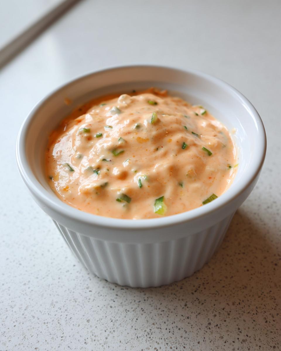A close-up of creamy, orange-hued remoulade sauce speckled with green herbs in a small white ramekin.