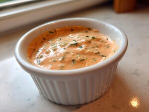 Close-up of a creamy, orange-hued remoulade sauce flecked with green herbs in a small white ramekin.