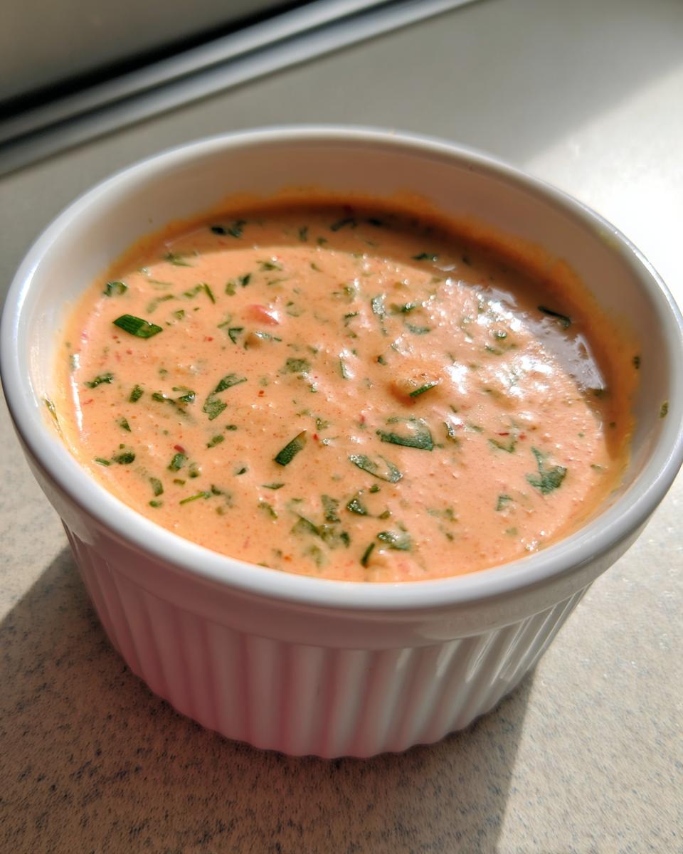 Close-up of a creamy, orange-hued remoulade sauce speckled with green herbs in a white ramekin.