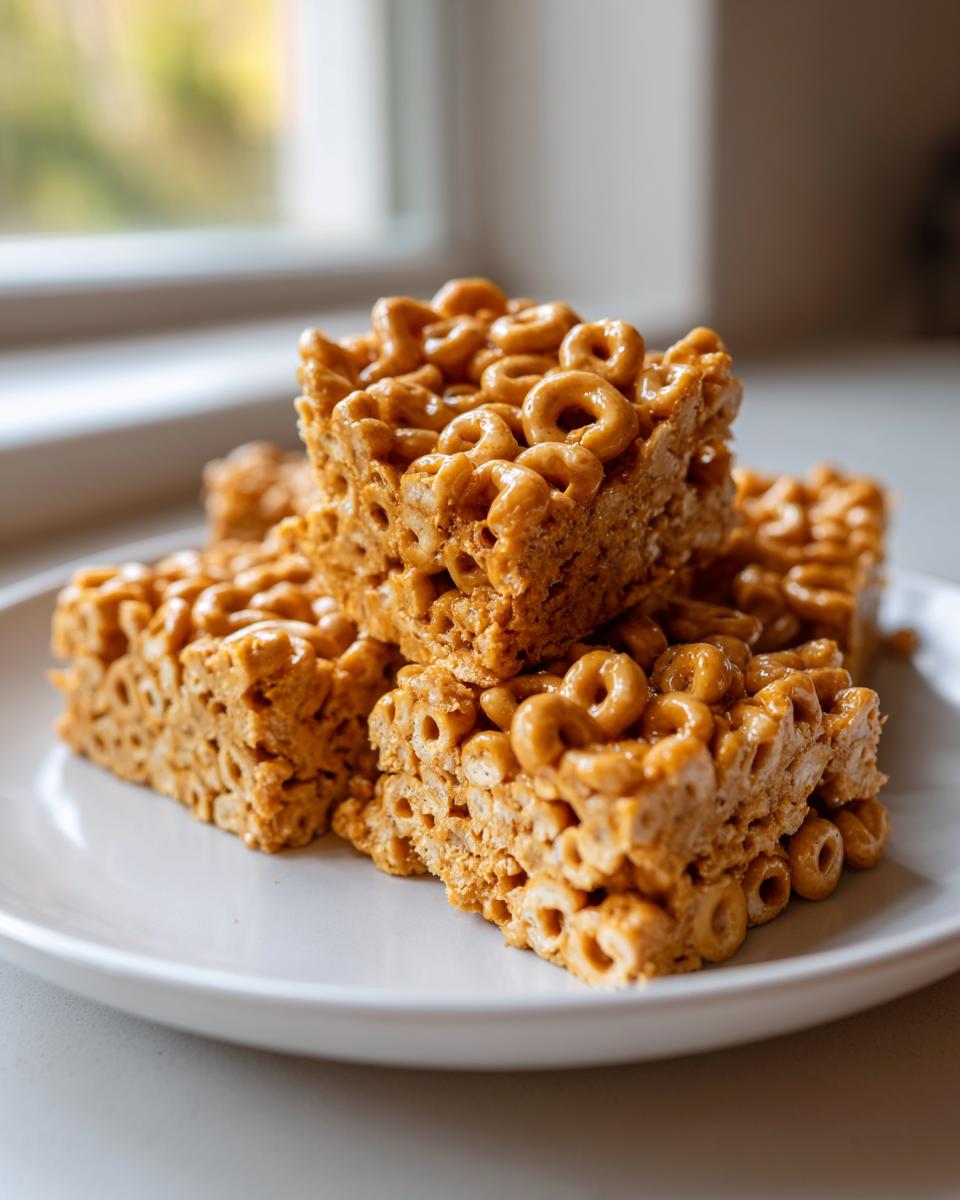 A stack of three square, golden-brown cheerio bars made with O-shaped cereal, resting on a white plate.