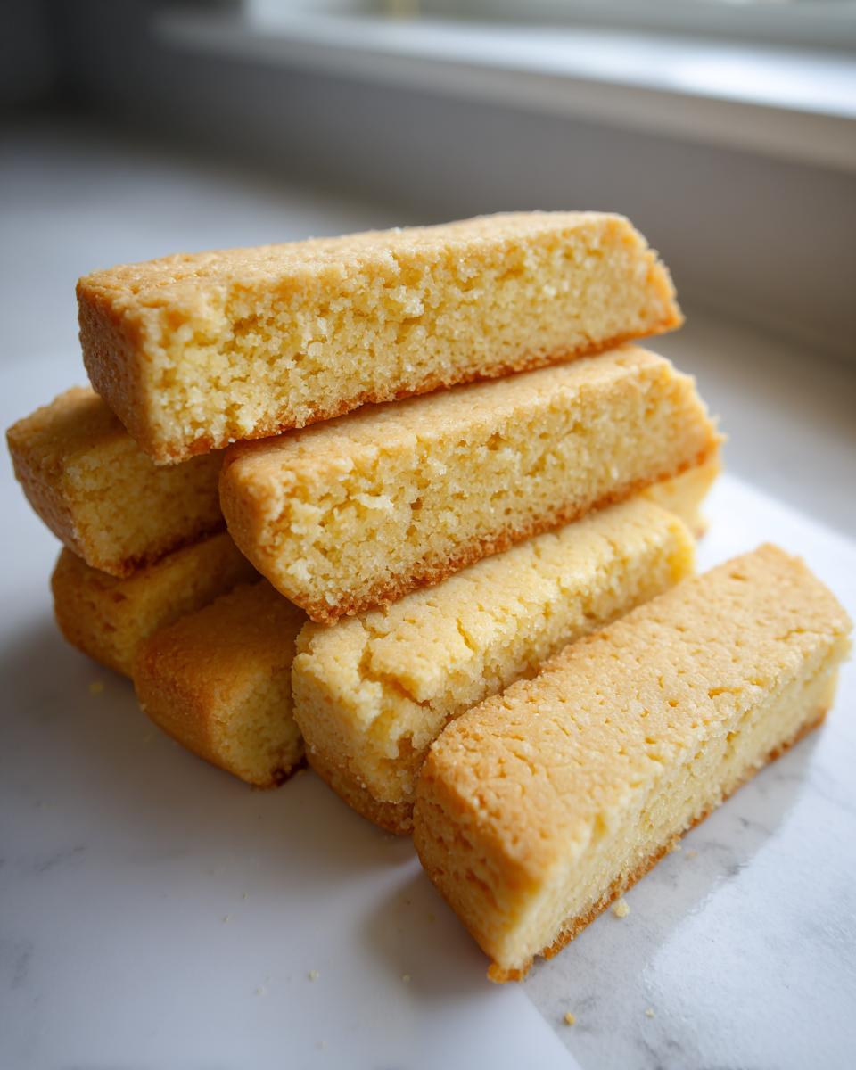 Close-up of a stack of freshly baked, golden shortbread cookies cut into rectangular bars.