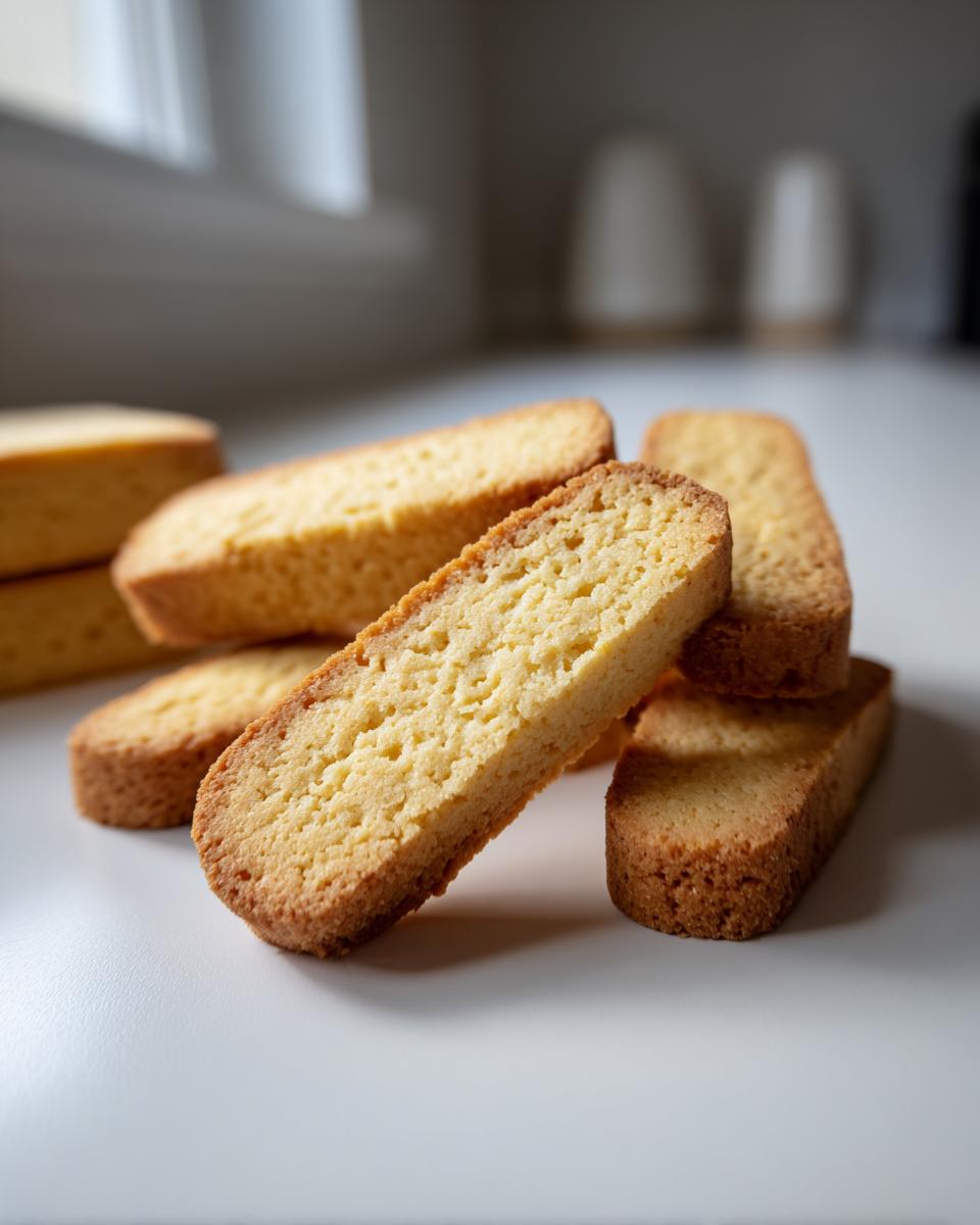 A stack of golden brown, rectangular shortbread cookies showing the crumb texture.