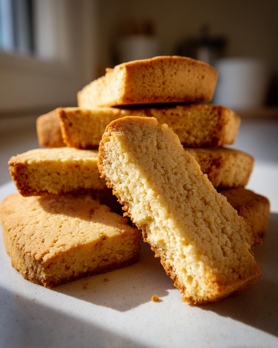 Close-up of stacked, golden-brown shortbread cookies showing a crumbly, buttery texture.