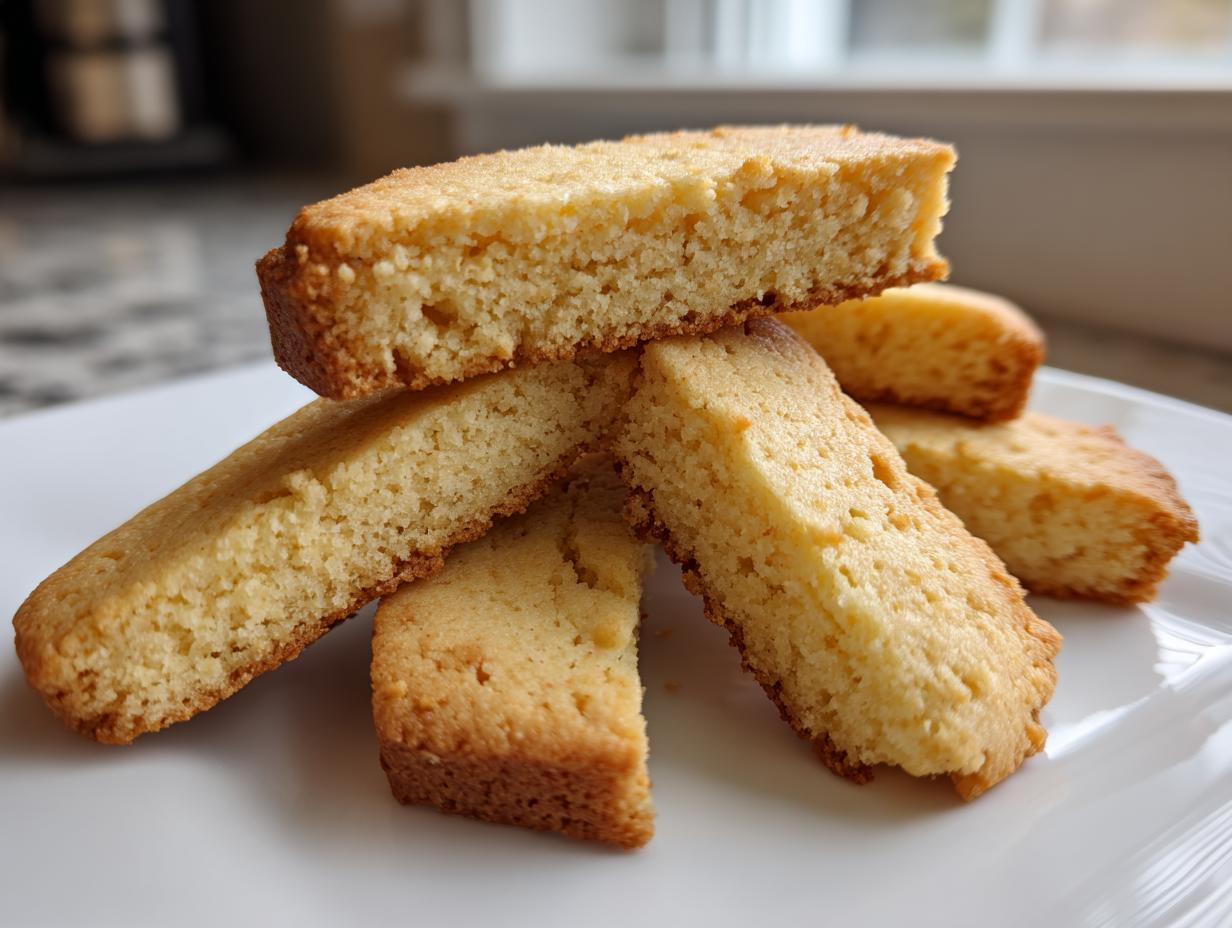 A stack of golden brown, rectangular shortbread cookies showing their crumbly texture.