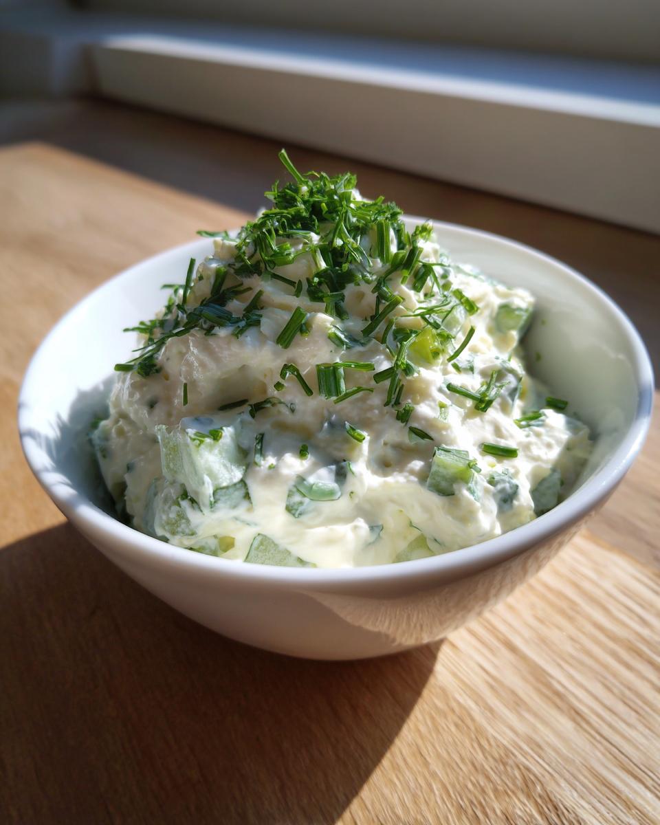A white bowl filled with creamy pickle dip, featuring visible chunks of pickle and topped generously with fresh chopped chives.